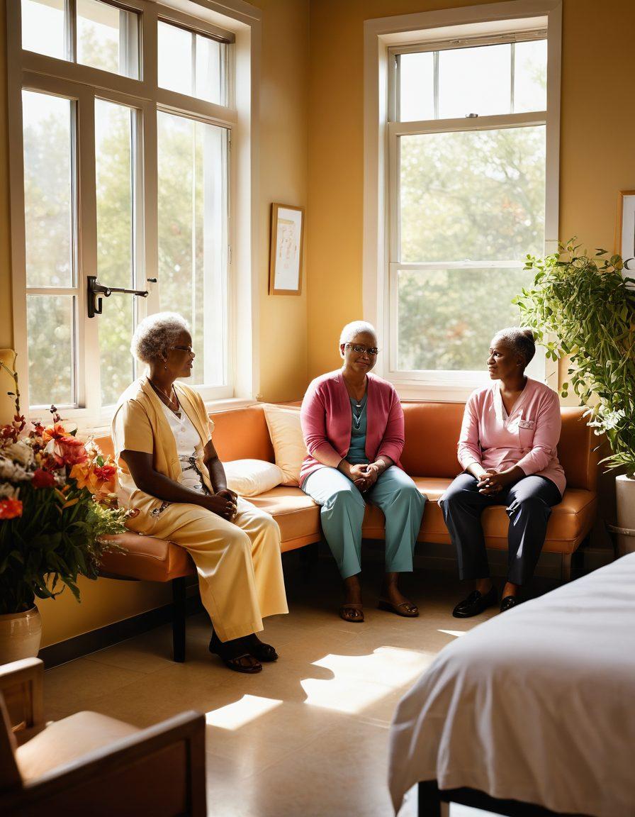 A serene and inspiring scene depicting diverse patients sharing personal narratives in a supportive oncology care setting. Include warm, inviting colors, soft lighting, and an atmosphere of trust and connection. Feature a healthcare provider listening attentively, surrounded by symbols of hope such as blooming flowers and sunlight filtering through a window. The background should reflect a modern healthcare environment infused with warmth and humanity. super-realistic. vibrant colors. soft focus.