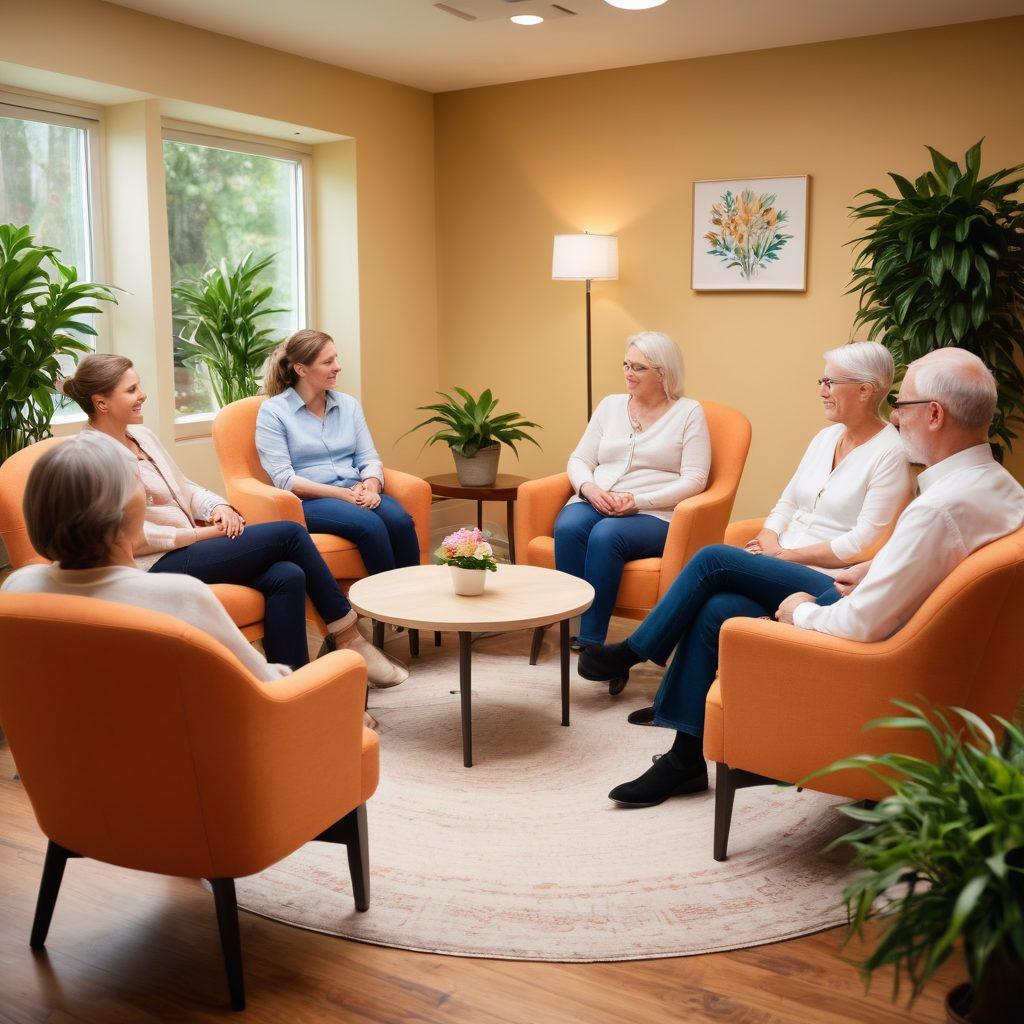 A warm and inviting scene depicting a diverse group of people engaging in a supportive community gathering, sharing personal stories about their journey with oncology. Include elements like a cozy circle of chairs, soft lighting, and plants in the background to evoke a sense of hope and connection. The expressions should convey empathy and encouragement. super-realistic. vibrant colors. soft focus.