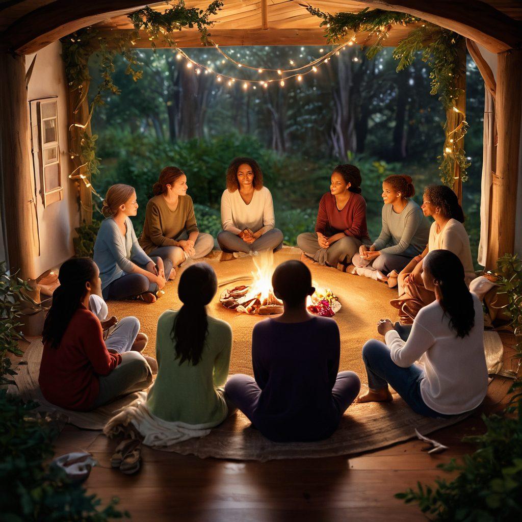 A warm, inviting scene depicting a diverse group of people gathered in a cozy circle, sharing their stories and supporting each other in a tranquil setting. Include symbols of hope like ribbons and soft lighting to enhance the emotional connection. Show elements of nature in the background to signify growth and healing. super-realistic. vibrant colors. soft focus.